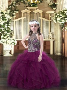 Inexpensive Purple Sleeveless Floor Length Beading and Ruffles Lace Up Pageant Dress for Womens