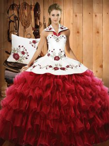 Edgy Halter Top Sleeveless Organza Sweet 16 Quinceanera Dress Embroidery and Ruffled Layers Lace Up