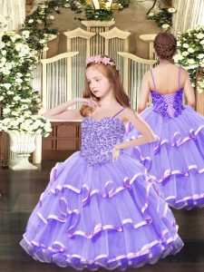 Super Ball Gowns Little Girls Pageant Gowns Lavender Spaghetti Straps Organza Sleeveless Floor Length Lace Up