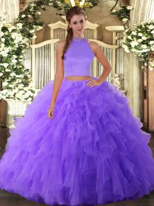Lavender Two Pieces Beading and Ruffles Quinceanera Gown Backless Tulle Sleeveless Floor Length
