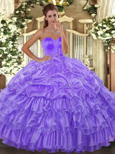 Lavender Organza Lace Up Sweetheart Sleeveless Floor Length Quince Ball Gowns Beading and Ruffled Layers