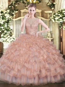 Fantastic Peach 15 Quinceanera Dress Military Ball and Sweet 16 and Quinceanera with Beading and Ruffled Layers Scoop Sleeveless Backless
