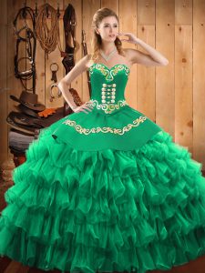 Modern Green Ball Gowns Satin and Organza Halter Top Sleeveless Embroidery and Ruffled Layers Floor Length Lace Up 15th Birthday Dress