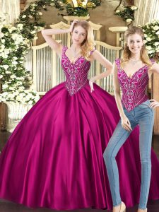 On Sale Floor Length Lace Up 15th Birthday Dress Fuchsia for Military Ball and Sweet 16 and Quinceanera with Beading