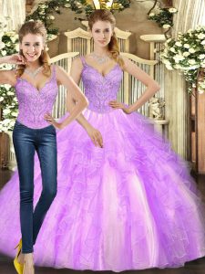 Lilac Two Pieces Beading and Ruffles 15th Birthday Dress Lace Up Organza Sleeveless Floor Length