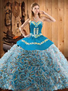 Fantastic Multi-color Lace Up Sweetheart Embroidery 15th Birthday Dress Satin and Fabric With Rolling Flowers Sleeveless Sweep Train