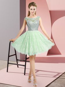 Excellent Apple Green Scoop Neckline Beading Prom Party Dress Cap Sleeves Backless
