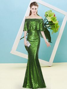 Simple Sequins Dress for Prom Green Zipper Half Sleeves Floor Length