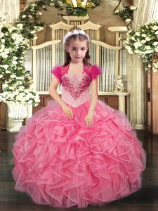Floor Length Ball Gowns Sleeveless Coral Red Glitz Pageant Dress Lace Up