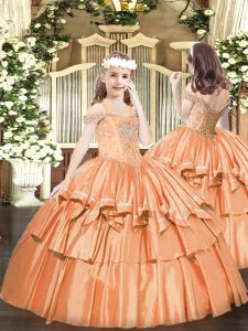 Orange Lace Up Little Girls Pageant Gowns Beading and Ruffled Layers Sleeveless Floor Length
