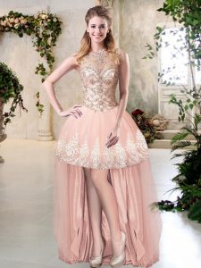 Decent Peach A-line Scoop Sleeveless Tulle High Low Zipper Beading and Lace and Appliques Prom Gown