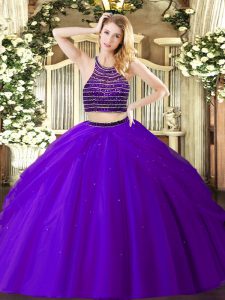 Fashionable Purple Tulle Zipper Halter Top Sleeveless Floor Length Quinceanera Gown Beading and Ruching
