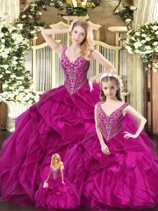 Extravagant Sleeveless Floor Length Ruffles Lace Up Sweet 16 Dresses with Fuchsia
