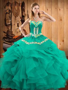 Custom Design Turquoise Lace Up Sweetheart Embroidery and Ruffles Ball Gown Prom Dress Satin and Organza Sleeveless