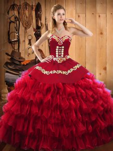 Sophisticated Embroidery and Ruffled Layers Ball Gown Prom Dress Wine Red Lace Up Sleeveless Floor Length