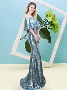 Light Blue Half Sleeves Floor Length Sequins Zipper Prom Dresses