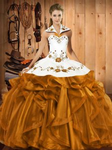 Charming Brown Ball Gowns Embroidery and Ruffles Ball Gown Prom Dress Lace Up Satin and Organza Sleeveless Floor Length