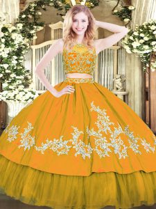 Luxury Gold Zipper Quince Ball Gowns Beading and Appliques Sleeveless Floor Length