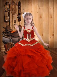 Straps Sleeveless Organza Pageant Dress Toddler Embroidery and Ruffles Lace Up