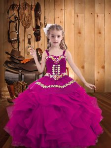 Dazzling Fuchsia Lace Up Straps Embroidery and Ruffles Kids Formal Wear Organza Sleeveless