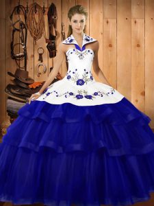 Glamorous Royal Blue Sleeveless Organza Sweep Train Lace Up Quinceanera Gown for Military Ball and Sweet 16 and Quinceanera