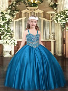 Floor Length Lace Up Winning Pageant Gowns Blue for Party and Quinceanera with Beading