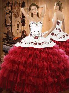 Delicate Floor Length Wine Red 15th Birthday Dress Organza Sleeveless Embroidery and Ruffled Layers