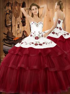 Top Selling Wine Red Organza Lace Up Sweetheart Sleeveless Ball Gown Prom Dress Sweep Train Embroidery and Ruffled Layers