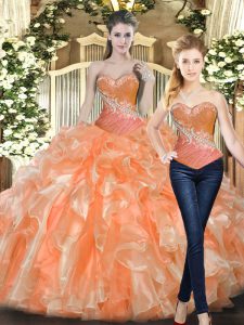 Pretty Orange Red Tulle Lace Up Sweetheart Sleeveless Floor Length 15th Birthday Dress Beading and Ruffles