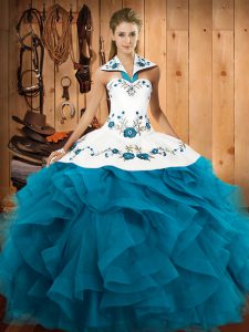 High Quality Teal Tulle Lace Up Quinceanera Gown Sleeveless Floor Length Embroidery and Ruffles