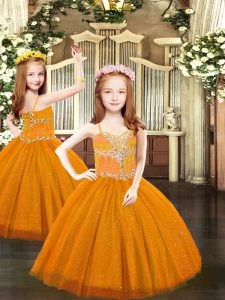 Custom Fit Ball Gowns Pageant Gowns For Girls Rust Red Spaghetti Straps Tulle Sleeveless Floor Length Lace Up