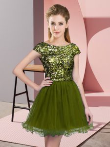 Olive Green Tulle Zipper Vestidos de Damas Cap Sleeves Mini Length Sequins