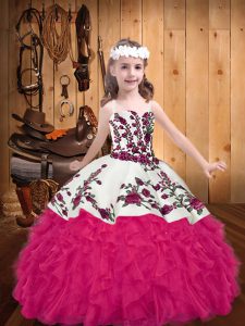 Adorable Embroidery and Ruffles Kids Pageant Dress Hot Pink Lace Up Sleeveless Floor Length