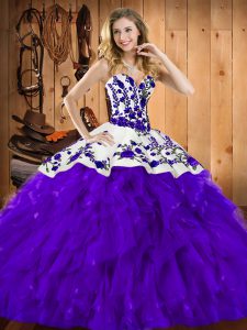 Pretty Satin and Organza Sweetheart Sleeveless Lace Up Embroidery and Ruffles Quinceanera Gown in Purple