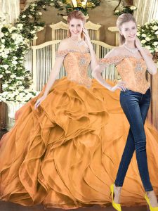 Dynamic Organza Off The Shoulder Sleeveless Lace Up Beading and Ruffles Sweet 16 Dresses in Orange Red