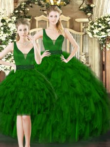 Floor Length Dark Green Ball Gown Prom Dress Straps Sleeveless Lace Up