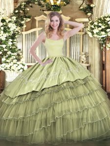 Latest Olive Green Zipper Straps Embroidery and Ruffled Layers Quinceanera Gowns Organza Sleeveless