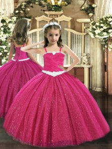 Unique Floor Length Hot Pink Pageant Dress for Teens Tulle Sleeveless Appliques