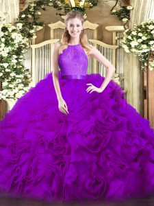 Elegant Ball Gowns Sweet 16 Quinceanera Dress Eggplant Purple Scoop Fabric With Rolling Flowers Sleeveless Floor Length Zipper