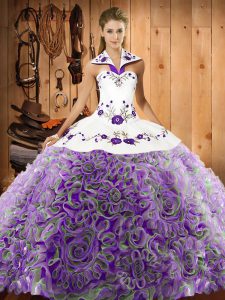Latest Halter Top Sleeveless Fabric With Rolling Flowers Quinceanera Gown Embroidery Sweep Train Lace Up