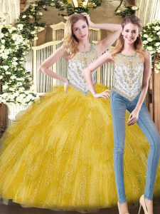 Sleeveless Organza Floor Length Zipper 15th Birthday Dress in Yellow with Beading and Ruffles