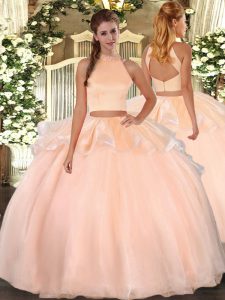 Sleeveless Organza Floor Length Backless Sweet 16 Dresses in Peach with Beading