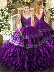 Smart Eggplant Purple Ball Gowns V-neck Sleeveless Organza Floor Length Backless Beading and Ruffles and Ruching Ball Gown Prom Dress