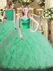 Sleeveless Floor Length Beading and Ruffles Side Zipper 15 Quinceanera Dress with Apple Green