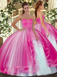 Customized Hot Pink Lace Up Sweetheart Beading Quince Ball Gowns Tulle Sleeveless
