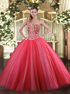 Coral Red Lace Up Sweetheart Beading Sweet 16 Quinceanera Dress Tulle Sleeveless