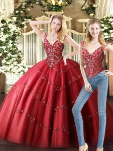 Enchanting Wine Red Two Pieces V-neck Sleeveless Tulle Floor Length Lace Up Beading Sweet 16 Dress