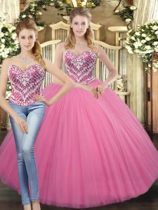 Excellent Rose Pink Ball Gowns Beading Sweet 16 Quinceanera Dress Lace Up Tulle Sleeveless Floor Length