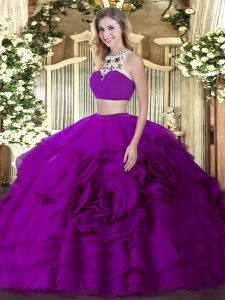 Floor Length Backless Quinceanera Dress Fuchsia for Military Ball and Sweet 16 and Quinceanera with Beading and Ruffled Layers