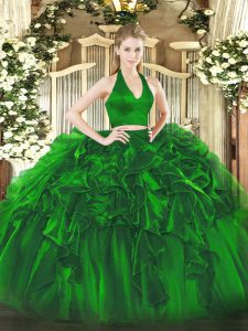 Clearance Green Organza Zipper Halter Top Sleeveless Floor Length Ball Gown Prom Dress Ruffles